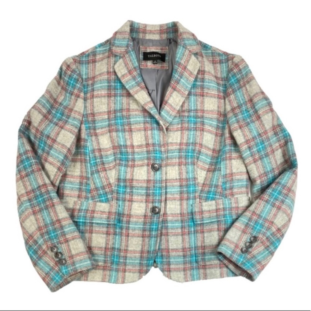 Talbots Cream Plaid Wool-Blend Blazer with Teal Accents